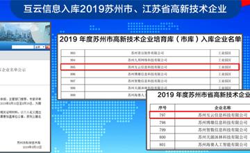 互云信息入庫(kù)2019蘇州市、江蘇省高新技術(shù)企業(yè)